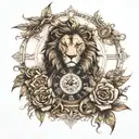 Lion, Roman clock with thorns wrapping tattoo design idea