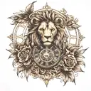 Lion, Roman clock with thorns wrapping tattoo design idea