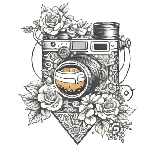 A latte art heart with a music note inside, surrounded by a camera shutter and surgical tools forming a frame, all enveloped by a field of flowers tattoo design idea