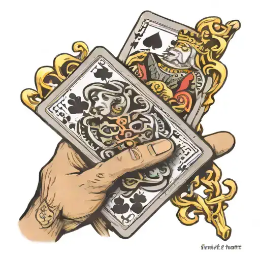Black And Grey "A gold Chain Wrapped Around A object  Hand Holding A King Playing Card" Tattoo Design Idea  tattoo design idea