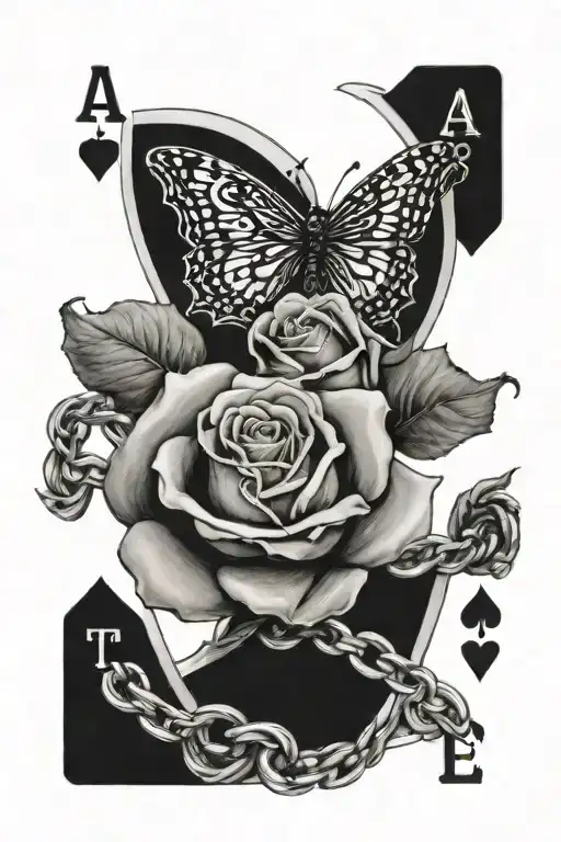 Black And Grey "A Chain Wrapped Around A  rose in  King Playing Card" Tattoo Design Idea  tattoo design idea