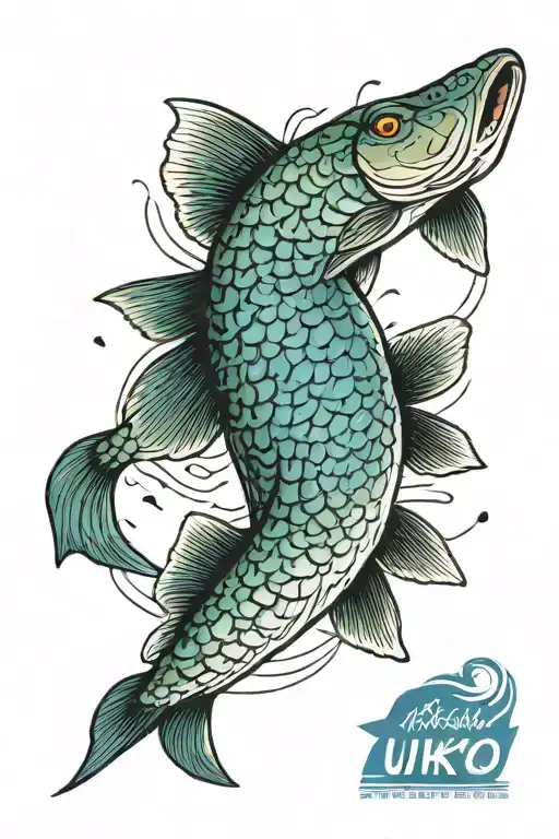 Naturally shaped and colored northern pike with typical spots and visible teeth, blue waves in background, ukiyo-e style tattoo design idea