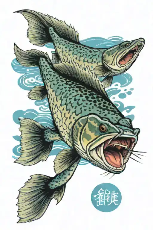 Naturally shaped and colored northern pike with typical spots and visible teeth, blue waves in background, ukiyo-e style tattoo design idea