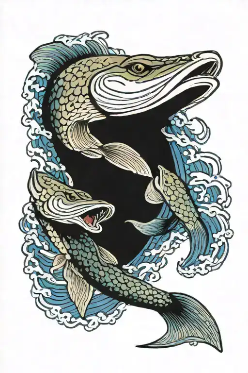 Naturally colored and shaped northern pike with typical spots and visible teeth, blue waves in background, ukiyo-e style tattoo design idea