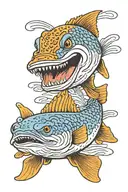 Naturally shaped and colored northern pike with typical spots and visible teeth, blue waves in background, ukiyo-e style tattoo design idea