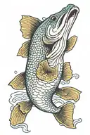 Naturally shaped and colored northern pike with typical spots and visible teeth, blue waves in background, ukiyo-e style tattoo design idea