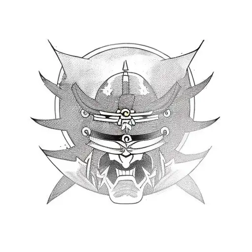 Tattoo sketch of a Samurai in a dark devil armor wih mask on the background of a Japanese mountain with a sun, catana lo tattoo design idea