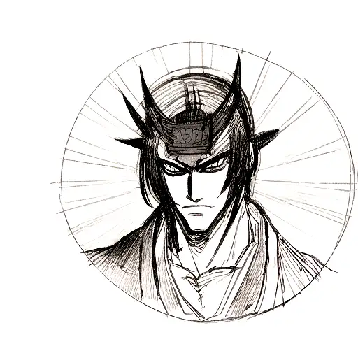 Tattoo sketch of a Samurai in a dark devil armor wih mask on the background of a Japanese mountain with a sun, catana lo tattoo design idea