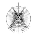 Tattoo sketch of a Samurai in a dark devil armor wih mask on the background of a Japanese mountain with a sun, catana lo tattoo design idea