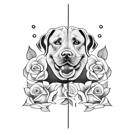 labradors face in a trianlge border with roses tattoo design idea