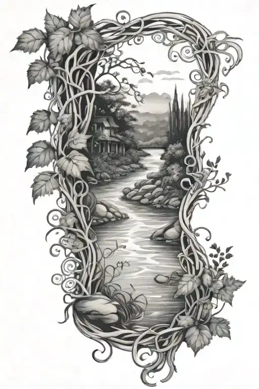 river flowing into  pond with vines around it  tattoo design idea