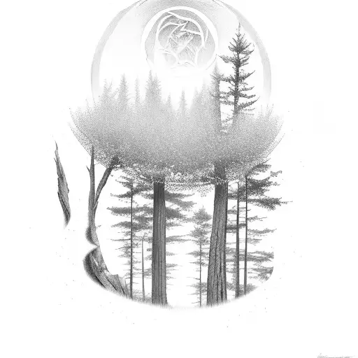 A serene forest landscape with a hidden skeleton motif tattoo design idea