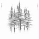 A serene forest landscape with a hidden skeleton motif tattoo design idea