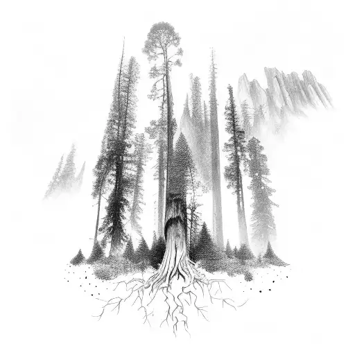 realistic sequoia with its roots going around a vertical plank of wood tattoo design idea