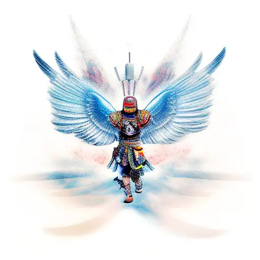 Warrior with wings holding a drone kamikaze tattoo design idea