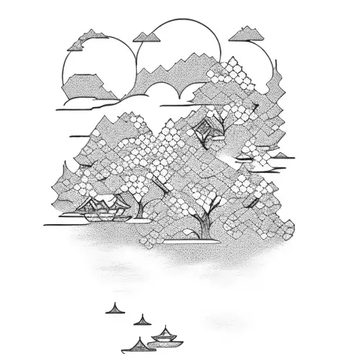 A dotwork tattoo showcasing a tranquil lake surrounded by cherry blossom trees, with a samurai silhouette  tattoo design idea
