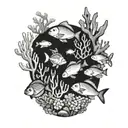 A tranquil underwater scene with swimming fish and coral reefs tattoo design idea