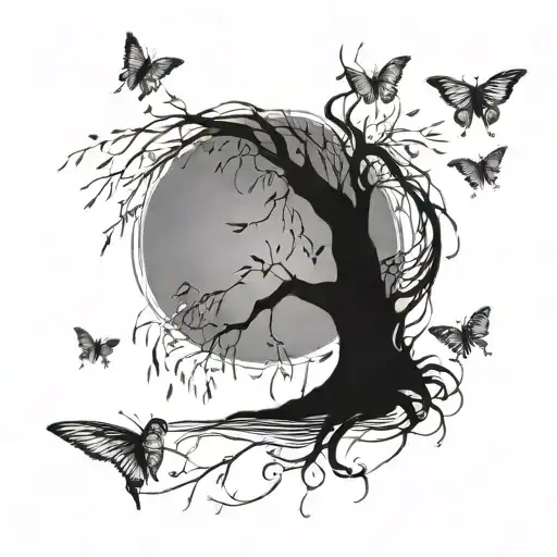 A whimsical scene of a weeping willow tree with colorful butterflies and hummingbirds fluttering around it tattoo design idea