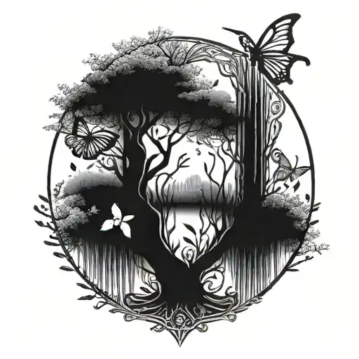 An intricate design featuring a weeping willow tree intertwined with delicate butterfly and hummingbird silhouettes tattoo design idea