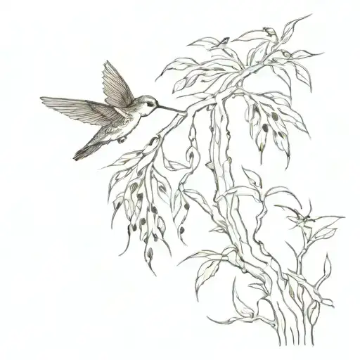 A minimalist design of a weeping willow tree with a small butterfly and hummingbird perched on its branches tattoo design idea