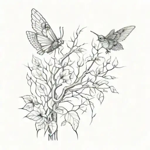 A surreal composition featuring a weeping willow tree morphing into a butterfly and hummingbird, symbolizing growth and transformation tattoo design idea