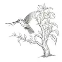 A minimalist design of a weeping willow tree with a small butterfly and hummingbird perched on its branches tattoo design idea