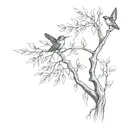 A minimalist design of a weeping willow tree with a small butterfly and hummingbird perched on its branches tattoo design idea