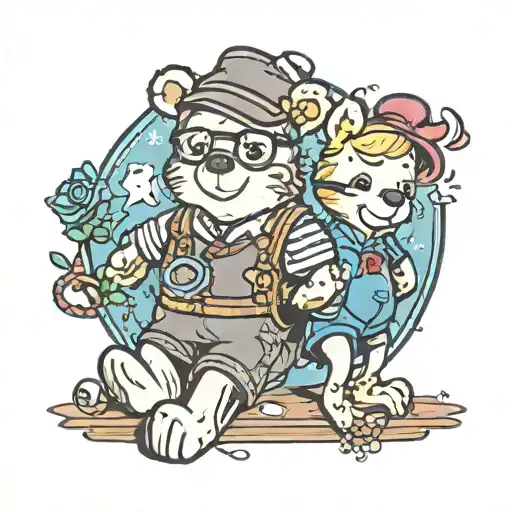 pooh flight attendant and male care bear nerd tattoo design idea