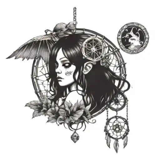 a fairy in a eyeball holding a mushroom all in a dreamcatcher with feathers  tattoo design idea