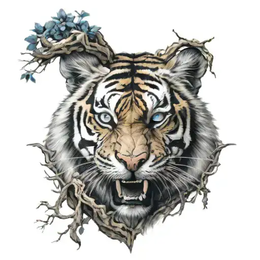 Tiger head mouth opened teeth shown and blue eyes behind yggdrasil tree with Vegvisir symbol tattoo design idea
