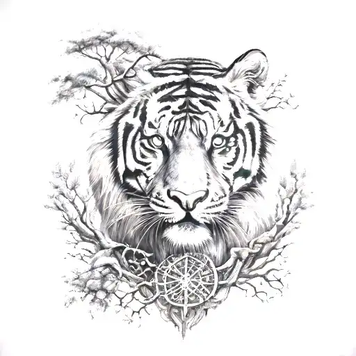 Tiger head and Yggdrasil tree and Vegvisir symbol tattoo design idea