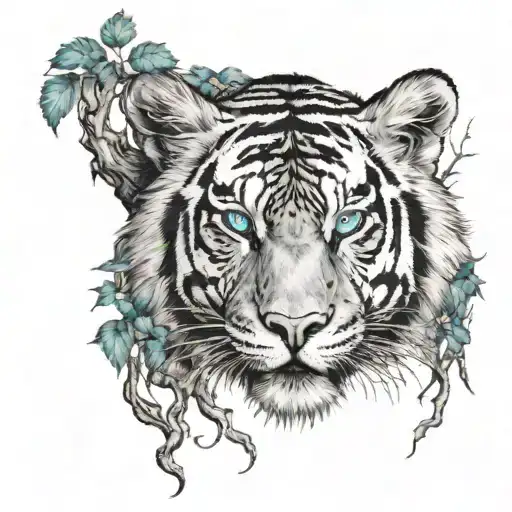 Yggdrasil tree with Vegvisir symbol in the trunk and a tiger head with blue eyes tattoo design idea