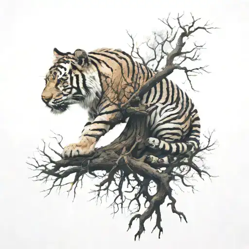 Yggdrasil and Vegvisir symbol and a tiger sitting in a tree with only the head and paws visible tattoo design idea
