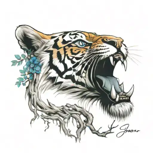 yggdrasil tree with Vegvisir behind Tiger head mouth opened teeth shown and blue eyes  tattoo design idea