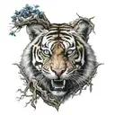 Tiger head mouth opened teeth shown and blue eyes behind yggdrasil tree with Vegvisir symbol tattoo design idea