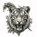 Tiger head mouth opened teeth shown and blue eyes behind yggdrasil tree with Vegvisir symbol tattoo design idea