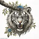 Tiger head mouth opened teeth shown and blue eyes behind yggdrasil tree with Vegvisir symbol tattoo design idea