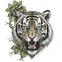 Tiger head mouth opened teeth shown and blue eyes behind yggdrasil tree with Vegvisir symbol tattoo design idea