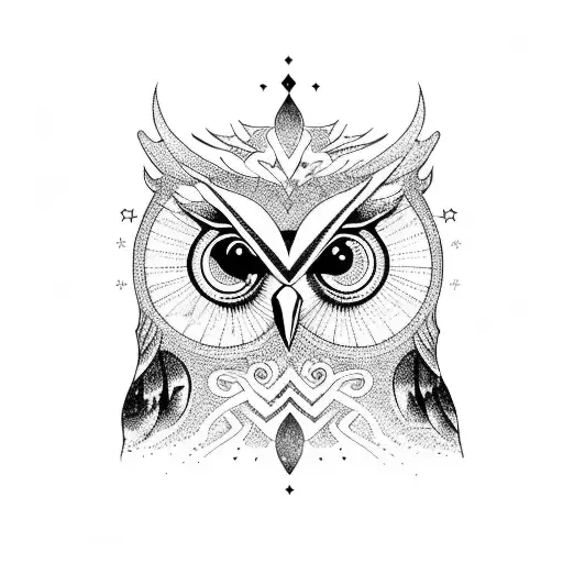 A cosmic owl perched on a rock tattoo design idea
