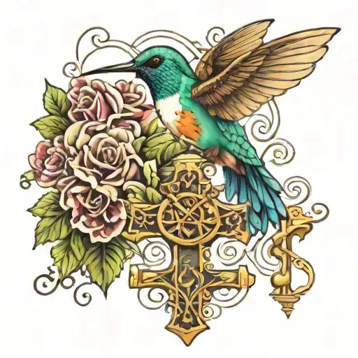 A hummingbird perched on a cross with musical notes floating around, symbolizing the beauty of life and spirituality tattoo design idea