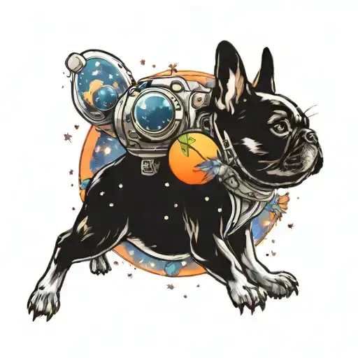 A cosmic scene with a peach planet surrounded by meadow flowers and a French bulldog astronaut floating in space tattoo design idea