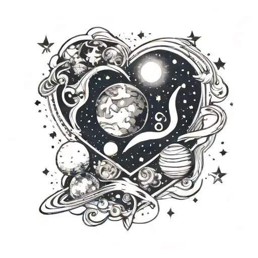 A cosmic landscape with planets and stars forming the shape of a heart, with your daughter Polina's name written in the stars, symbolizing your love for your family and the universe tattoo design idea