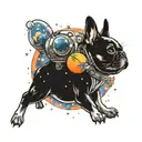 A cosmic scene with a peach planet surrounded by meadow flowers and a French bulldog astronaut floating in space tattoo design idea