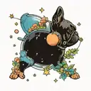 A cosmic scene with a peach planet surrounded by meadow flowers and a French bulldog astronaut floating in space tattoo design idea