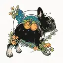 A cosmic scene with a peach planet surrounded by meadow flowers and a French bulldog astronaut floating in space tattoo design idea