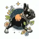 A cosmic scene with a peach planet surrounded by meadow flowers and a French bulldog astronaut floating in space tattoo design idea