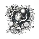 A cosmic landscape with planets and stars forming the shape of a heart, with your daughter Polina's name written in the stars, symbolizing your love for your family and the universe tattoo design idea