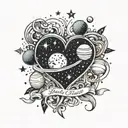 A cosmic landscape with planets and stars forming the shape of a heart, with your daughter Polina's name written in the stars, symbolizing your love for your family and the universe tattoo design idea