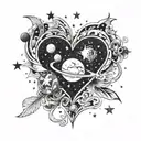 A cosmic landscape with planets and stars forming the shape of a heart, with your daughter Polina's name written in the stars, symbolizing your love for your family and the universe tattoo design idea