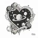 A cosmic landscape with planets and stars forming the shape of a heart, with your daughter Polina's name written in the stars, symbolizing your love for your family and the universe tattoo design idea